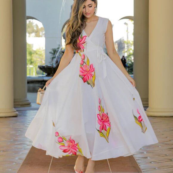 White Handpainted Cotton Angrakha Dress for Women | Sizes S-2XL | Sleeveless - Picture 2 of 7